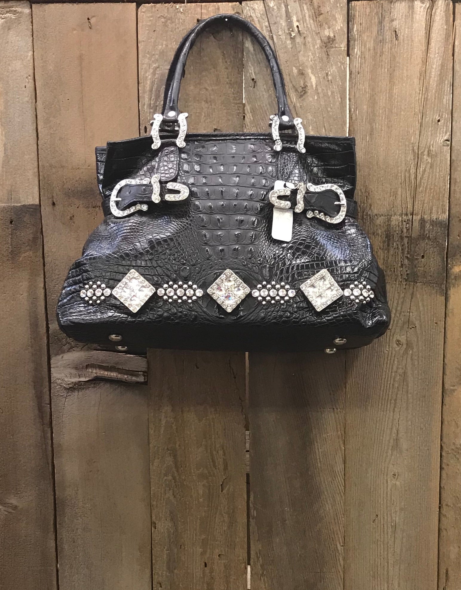 Black Leather Croc With Swarovski Crystal Cross Handbag