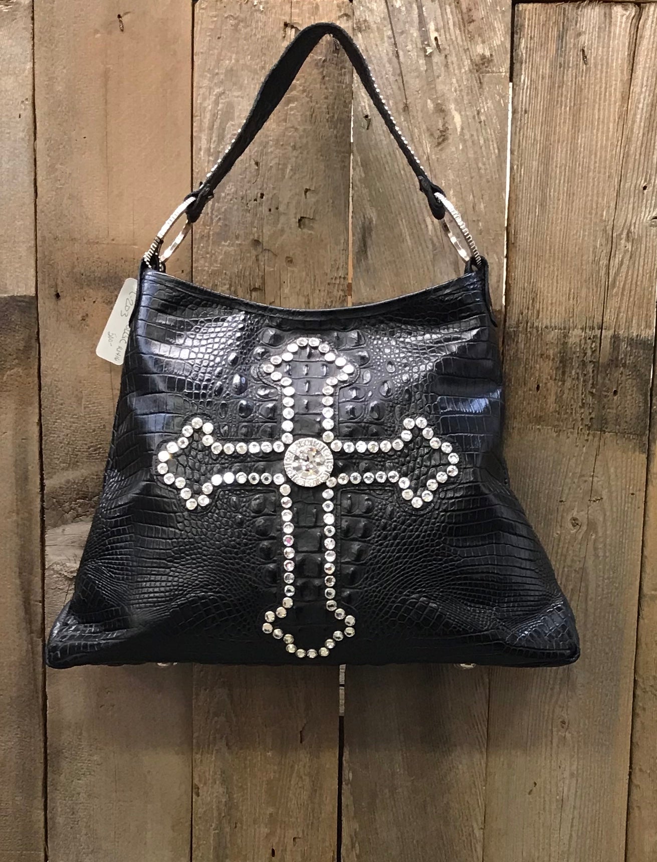 Black Leather With Swarovski Crystals And Rivets Handbag - Forever