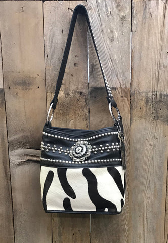 Cowhide Crossbody Zipper Accent Purse - Brindle and White