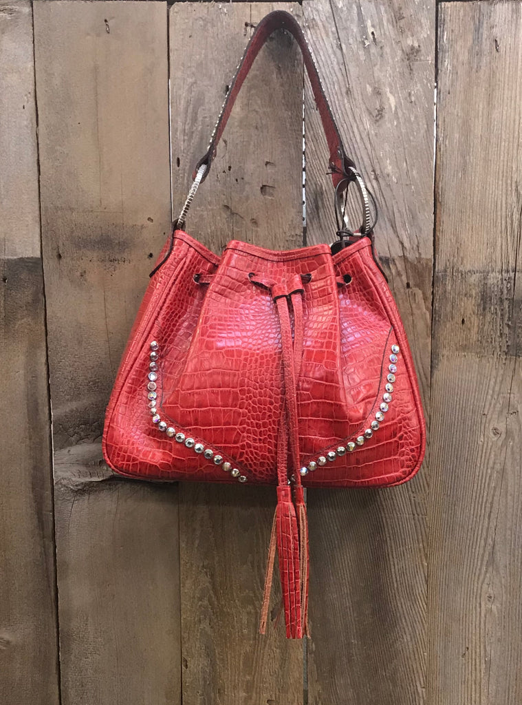 Red Drawstring Bag With Swarovski Crystals